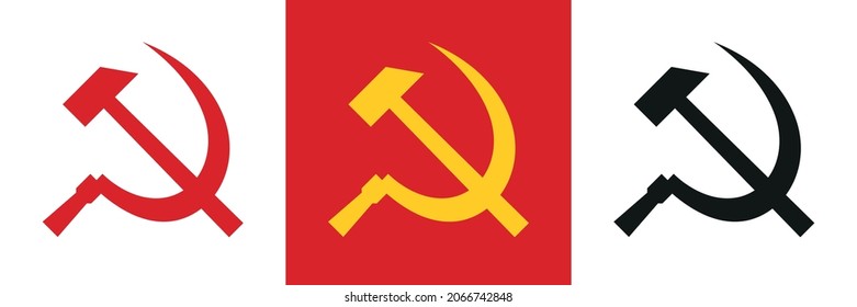 Soviet coat of arms, hammer and sickle. The emblem of the USSR, the symbol of communism. Yellow sign on a red background, vector image.