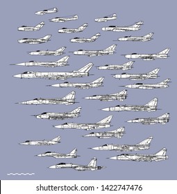 Soviet Cold War Fighters. Outline vector drawing