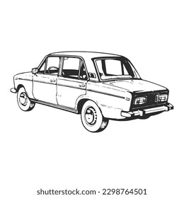 Soviet era old car. Lada VAZ Zhiguli model. Hand drawn ink vector illustration. Sketch vector drawing.