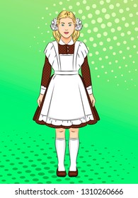 Soviet girl, schoolgirl in school uniform, clothes. Pop art background. Imitation of comics style. Vector illustration.