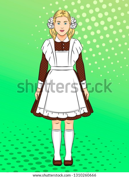 ソ連の女の子 制服を着た女の子 服 ポップアートの背景 漫画風の模倣 ベクターイラスト のベクター画像素材 ロイヤリティフリー