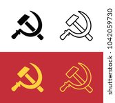 Soviet hammer and sickle icon set. Communist symbol from USSR flag. Line icon and silhouette vector clip art illustration.