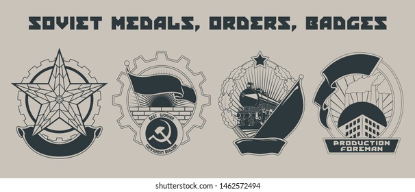 Soviet Medals, Orders, Badges Drawings, Vintage Set