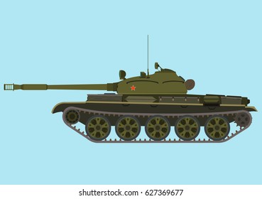 Soviet medium green tank T-62A in profile flat vector isolated