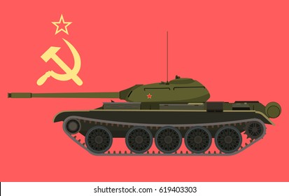 Soviet medium tank T-54 in profile against the background of the Soviet flag. Flat vector isolated