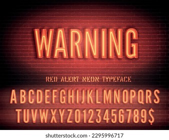 Soviet night light glow font with numbers. Warning sign with red narrow neon alphabet on dark brick wall background. Vector illustration