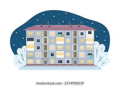 Soviet Panel five storey house. Typical urban development in Russia. Winter city landscape. Vector illustration.