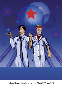 Soviet poster with 2 friendly scientists