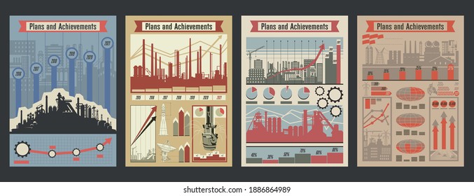 Soviet Propaganda Infographic Poster Templates, Retro Colors, Industrial Backgrounds