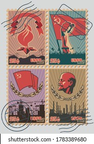 Sowjetische Propaganda Briefmarken, rote Flagge, Flammen, Führer der Kommunisten, Faust der Revolution 