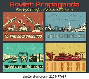 Soviet Propaganda, Retro Style Scientific And Industrial Illustration Set