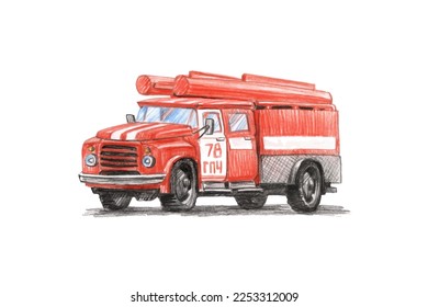 Soviet red fire truck of the 80s with a ladder. Vector illustration on a white background. Drawing with colored pencils.