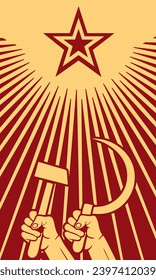 Soviet red propaganda poster of the Cold War, raised in the air fist, sickle and the star of communism. THE USSR. Vector