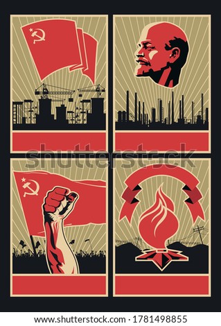 Soviet Red Propaganda Poster Style, Red Flag, Protest, Factory 