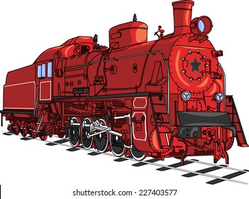 Soviet retro red locomotive train with a black star isolated on white background.