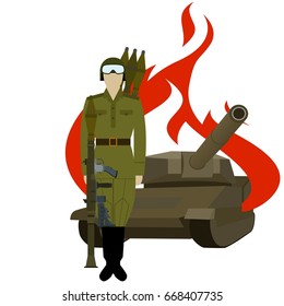Soviet rocket launcher with an RPG near the destroyed armored vehicles. The illustration on a white background.