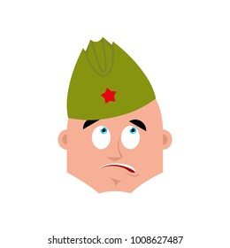 Soviet soldier confused emoji oops. Retro Russian warrior asleep perplexed emotions.  surprise Military in Russia. Illustration for 23 February. Defender of Fatherland Day. 