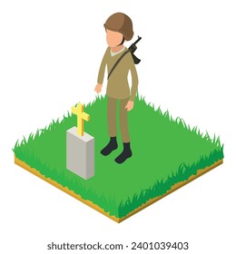 Icono de soldado soviético vector isométrico. Soldado con uniforme se paró cerca de la tumba. Cementerio militar, día de la conmemoración