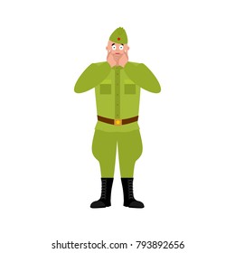 Soviet soldier scared OMG.  Retro Russian warrior  Oh my God emoji. Frightened Military in Russia. Illustration for 23 February. Defender of Fatherland Day. Army holiday for Russian Federation