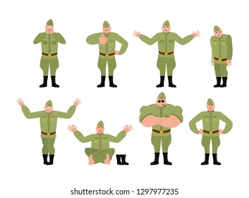 Soviet soldier set poses and motion. Retro Russian warrior happy and yoga. sleeping and angry Military in Russia. guilty and sad. Illustration for 23 February. Defender of Fatherland Day. Army holiday