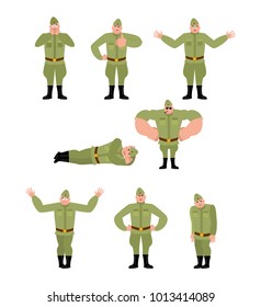 Soviet soldier set poses. Retro Russian warrior happy and yoga. sleeping and angry Military in Russia. guilty and sad. Illustration for 23 February. Defender of Fatherland Day.  
