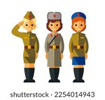 Soviet soldiers in military uniform during world War II, the great Patriotic war in cartoon flat style. Young woman in army uniform. Victory day. May 9. Vector illustration.