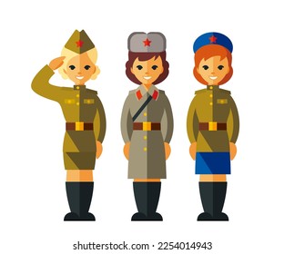 Soldados soviéticos con uniforme militar durante la Segunda Guerra Mundial, la gran guerra patriótica al estilo de las caricaturas planas. Joven con uniforme del ejército. Día de la victoria. 9 de mayo. Ilustración vectorial.