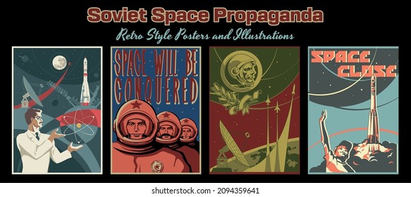 Soviet Space Program Propaganda Posters, Cosmonauts, Scientist, Space Rockets, Radio Telescope, Planets 