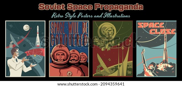 Soviet Space Program Propaganda Posters Cosmonauts Stock Vector