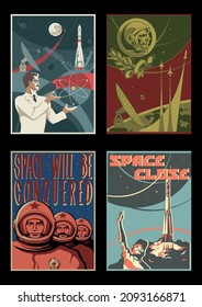 Soviet Space Propaganda Poster Set, Astronauts, Space Rockets, Radio Telescopes, Planets, Moon and Stars