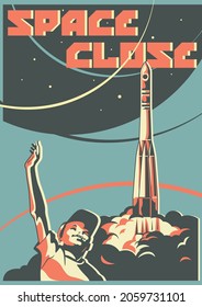 Soviet Space Propaganda Posters Style Illustration, Kid and Launching Space Rocket