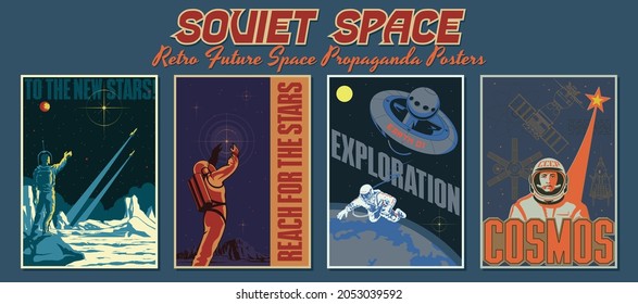 Retro espacial soviético futuro propaganda espacial afiches estilo Ilustraciones