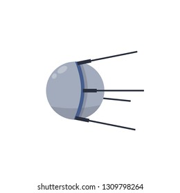 Soviet Sputnik. The first spacecraft to orbit the earth. Spherical probe. Historical Russian scientific invention. Symbol of Technology and space industry. Cartoon flat illustration