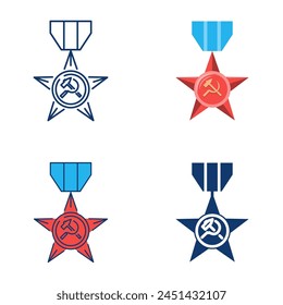 Soviet star medal icon set in flat and line style. USSR military award. Vector illustration.