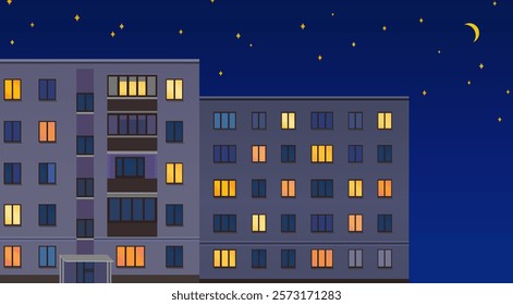 Soviet style apartment buildings in the night. Cozy evening lights in apartment windows. Facade of a post-soviet panel or block buildings.  