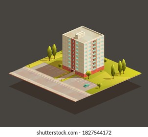 Bloque de Torre Soviética de pisos ilustraciones realistas isométricas. Con carretera y aparcamiento