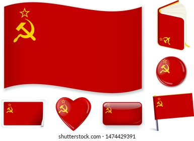 Soviet Union flag. Vector illustration. 3 layers. Shadows, flat flag, lights and shadows. Collection of world flags. Accurate colors. Easy changes.