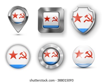 Soviet Union Naval Flag Metal and Glass Badges, Buttons, Map marker pin and Shields. Vector illustrations