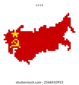 Soviet Union pixel flag map icon. 8 bit pixel art USSR map covered with flag. Flat vector illustration isolated on white background.