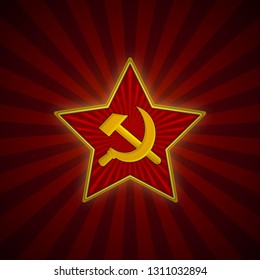 Soviet Union Red Star with hammer and sickle. Symbol of the USSR army. Background template for february 23. Vector Illustration.