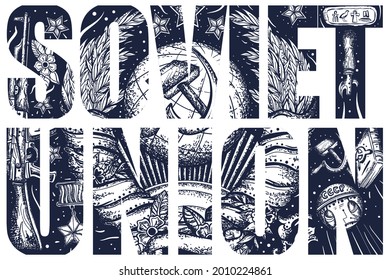 Slogan der Sowjetunion. Wappen der UdSSR. Doppelbelichtungsschreiben. Typografie Kunst. Sozialistische Republiken. Tattoo-Stil. Vektorgrafiken. Propaganda-Stil. Kommunismus und Sozialismus-Konzept