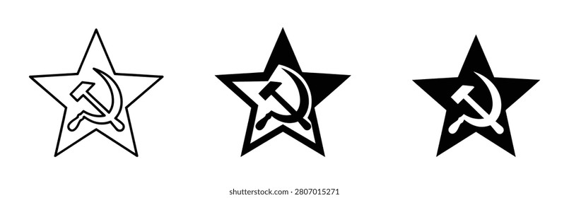 Soviet union star icon set. Outline of the hammer and sickle with a star above it. Soviet star with sickle and hammer. Star of soldiers Victory. Vector on transparent background.