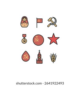 Soviet union symbols and Heritage Icon Set – Vector Symbols of Matrioshka, red star, wheat, sickle and hammer, soviet medal, and Traditional Soviet Elements