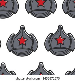 Soviet Union or USSR army hat with red star retro headdress seamless pattern vector head accessory military form element endless texture, defense World war soldier or captain equipment wallpaper print