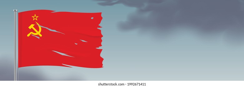 Soviet Union worn flag waving on a dark sky background. USSR flag horizontal banner with copy space.
