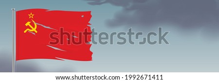 Soviet Union worn flag waving on a dark sky background. USSR flag horizontal banner with copy space.