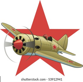 Soviet WW2 airplane on the red star background