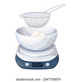 Sow flour through sieve into the cup kitchen scale. Vector illustration.