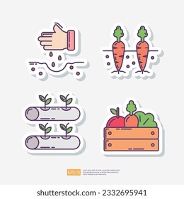 sow seed plan, carrot vegetable in soil, hydroponics farming, vegetables in wood box. Agriculture and farming sticker icon set. Vector Illustration