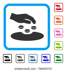 Sow Seeds icon. Flat gray pictogram symbol inside a blue rounded frame. Black, gray, green, blue, red, orange color variants of Sow Seeds vector. Designed for web and application user interface.